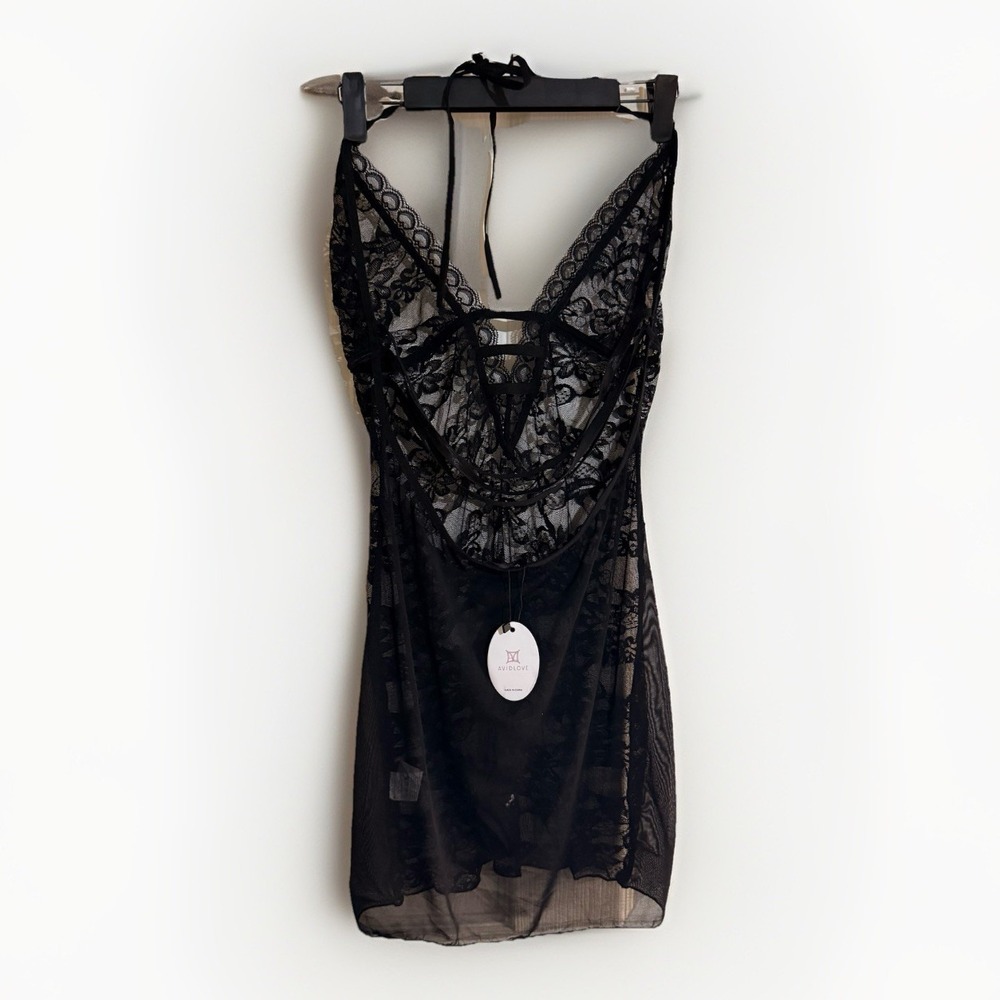 Avidlove Black Sheer Lace Halter Lingerie Chemise Slip Size Y2K Whimsigoth L
